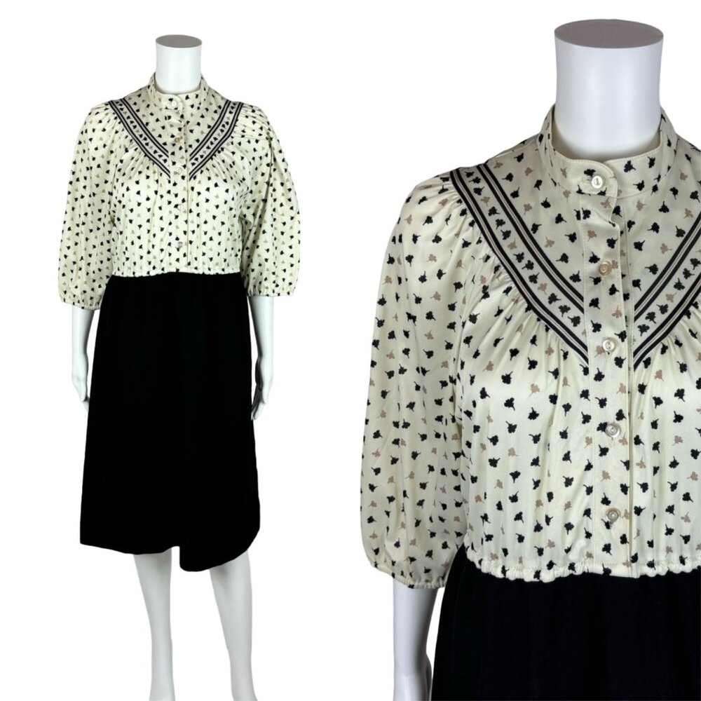 Vintage 80s Floral Dress Women's Large 2 Piece Look Secretary Black Cream Sheath